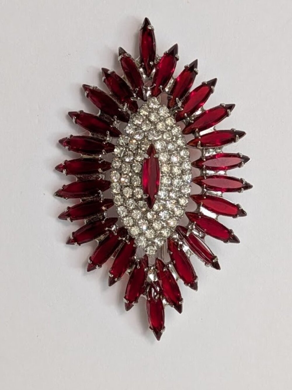 Vintage Kramer Red Rhinestone Brooch Large Navette Statement Pin